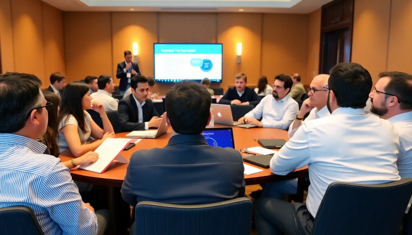 A business executive analyzing data on a computer screen, symbolizing the strategic integration of blockchain governance in organizational operations