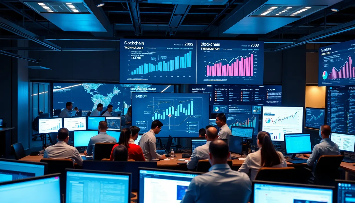 A group of financial analysts discusses the implications of Bitcoin Gold at a conference, with charts and graphs displayed on a large screen behind them.