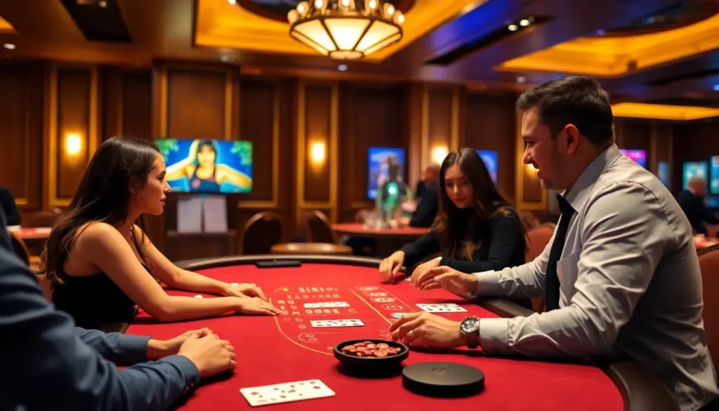 A group of players sits around a highstakes blackjack table in a modern casino, intently focused on the dealer as cards are dealt in a lively atmosphere.