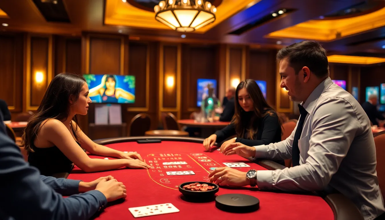 A group of players sits around a highstakes blackjack table in a modern casino, intently focused on the dealer as cards are dealt in a lively atmosphere.