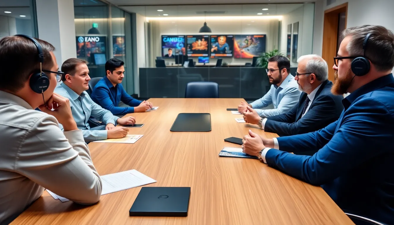 A group of industry professionals gathers at a conference table, discussing the implications of new gaming regulations set to take effect in 2026.