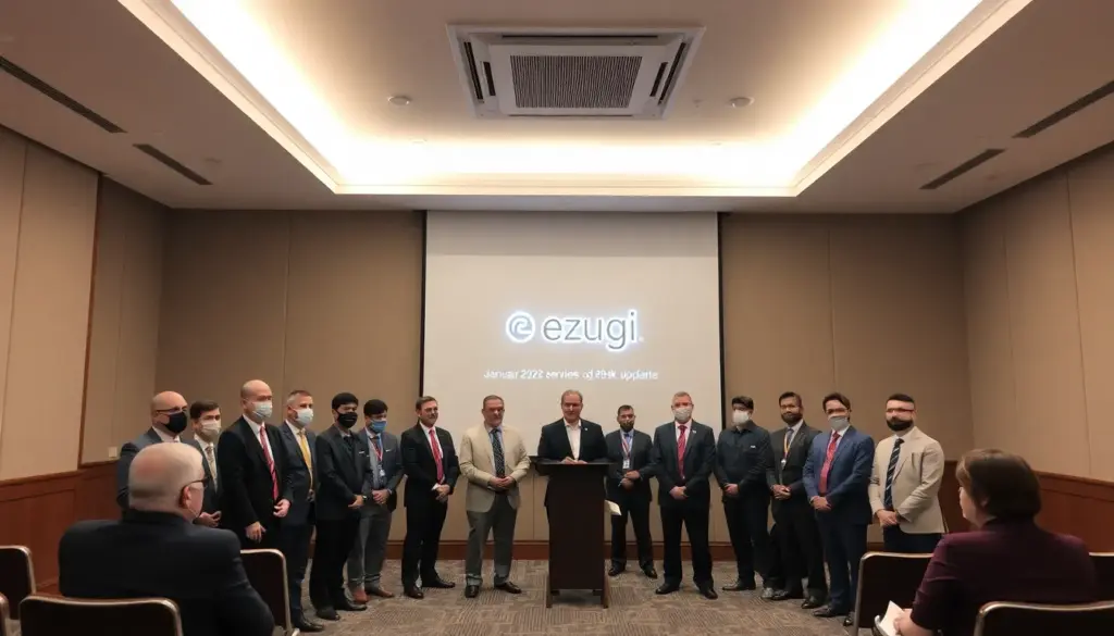 A group of enthusiastic players gathers around a live dealer table in a vibrant online casino, eagerly participating in a new game showcased by Ezugi.