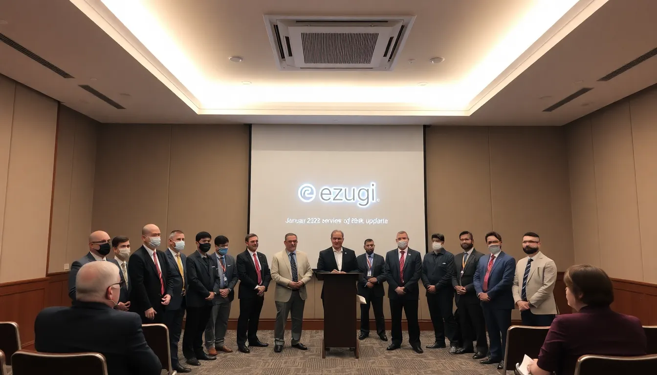 A group of enthusiastic players gathers around a live dealer table in a vibrant online casino, eagerly participating in a new game showcased by Ezugi.
