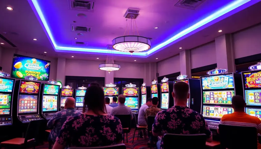 A group of people is gathered around a table, discussing the features and benefits of the hotel5slot online gaming platform during a conference on digital entertainment.