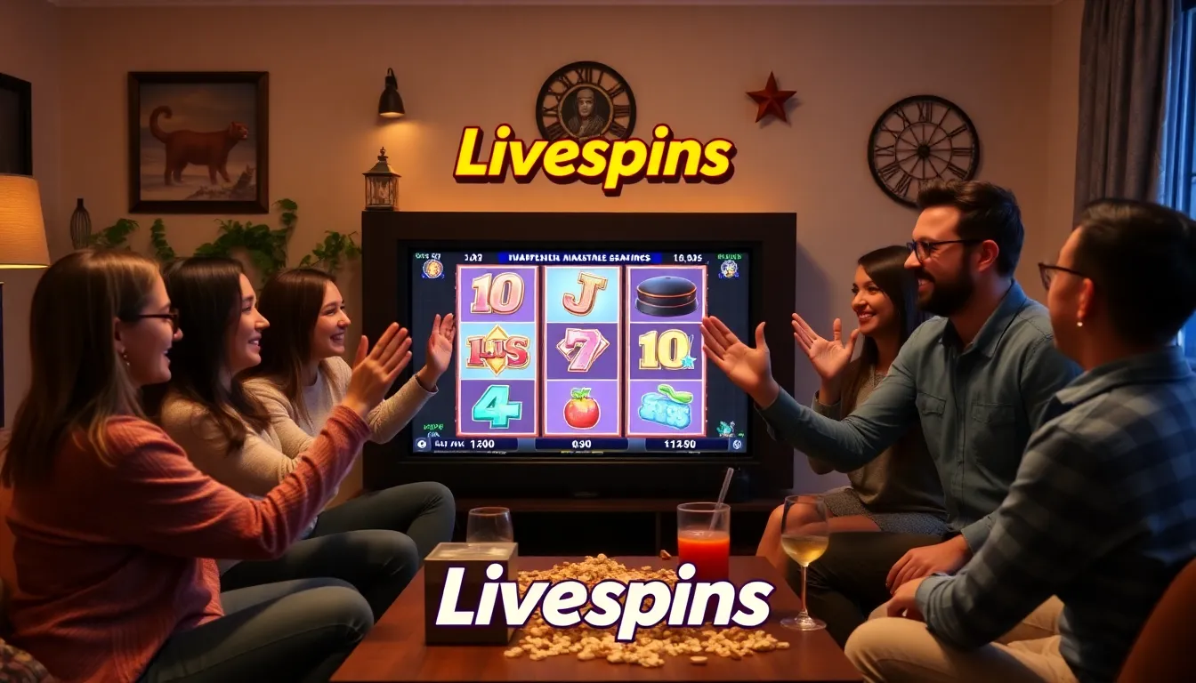 A group of enthusiastic gamers watches a livestreamed gaming session on their devices, showcasing the interactive nature of Livespins in a vibrant online community.