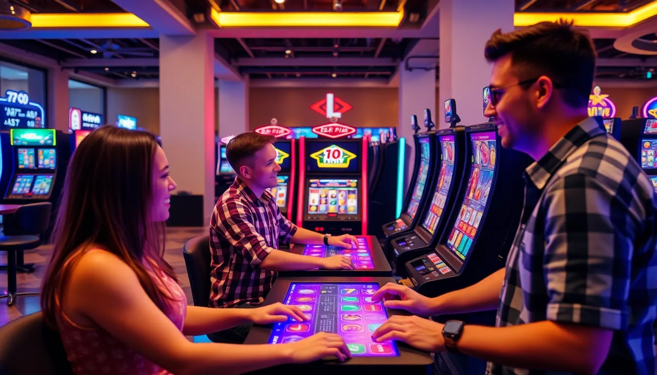 a group of enthusiastic players gathers around a large screen in a vibrant casino, eagerly watching a livestreamed slot game that features interactive elements and realtime gameplay.