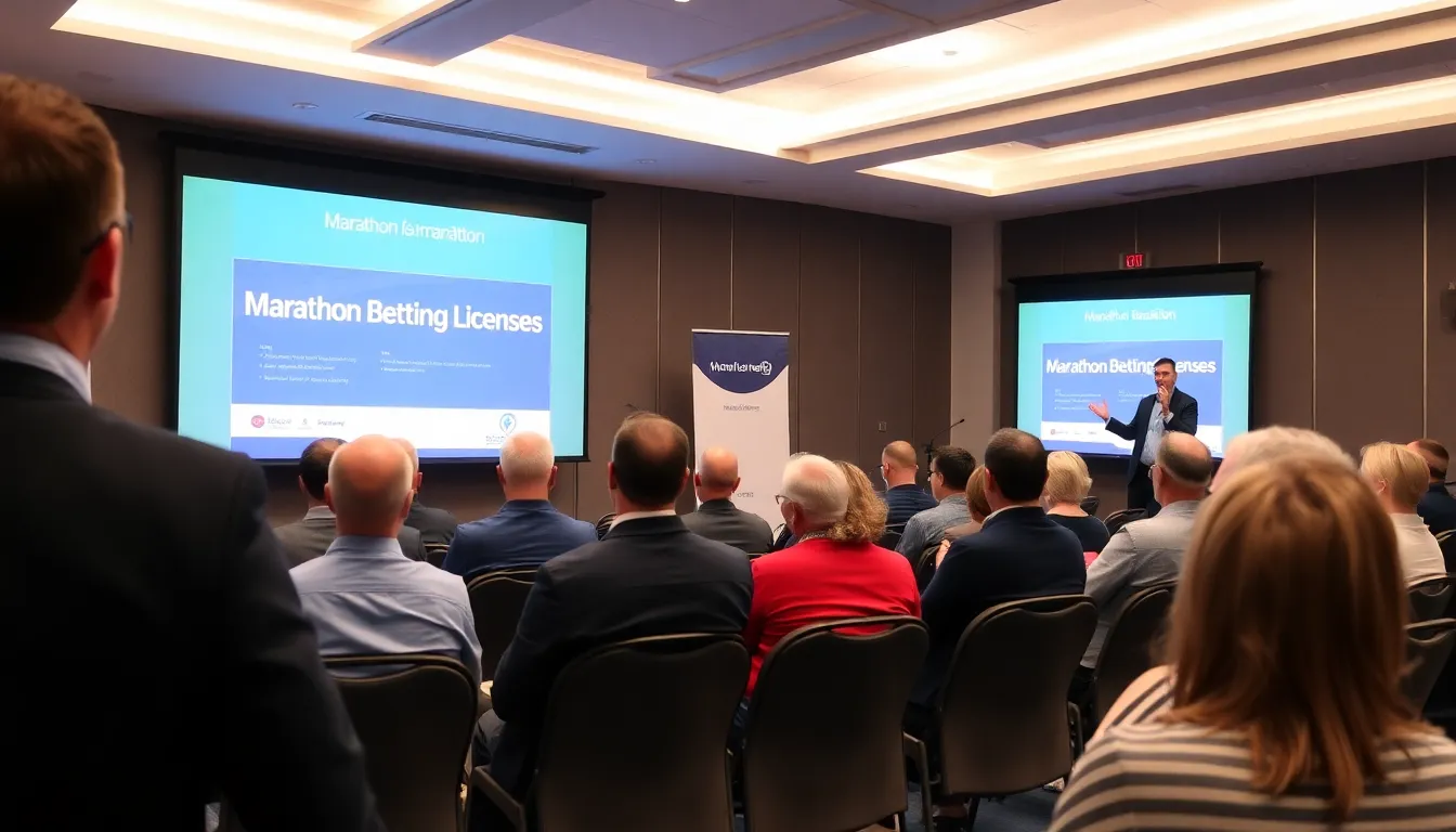 A group of people gathered around a table at a conference, attentively listening to a speaker discussing the importance of online betting licenses.