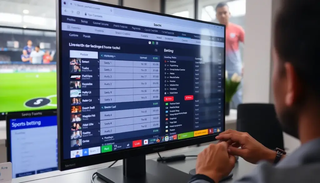 A group of enthusiastic sports fans gather at a local bar, intently watching a live football match on multiple screens while discussing their betting strategies.