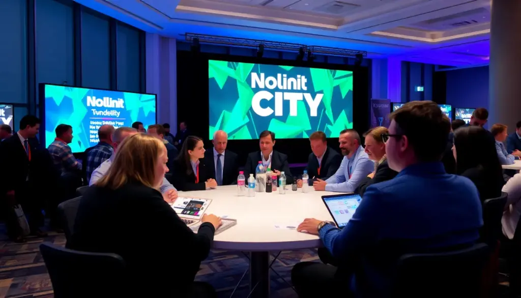 A group of gamers sits around a table, intently discussing strategies for navigating the latest online gaming platform, with laptops and gaming devices in front of them.