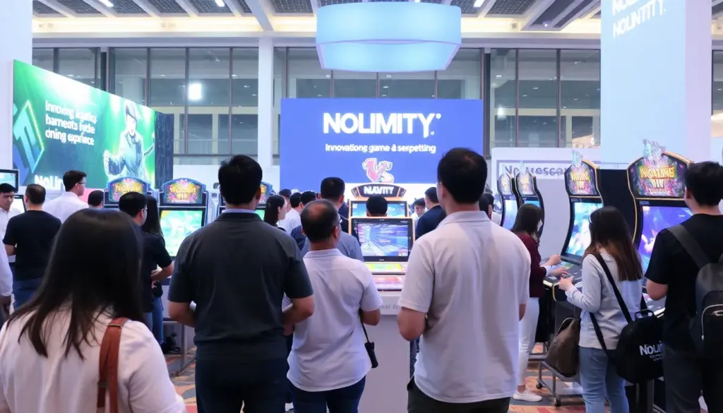 A group of gamers is gathered around a large screen, intensely focused on a Nolimit City game featuring vibrant and intricate backgrounds that enhance the immersive experience.