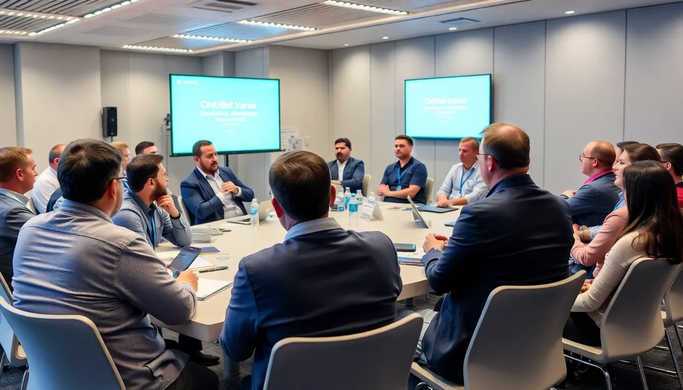 A group of people is gathered around a table, intensely discussing the implications of online betting licenses while reviewing documents related to 1xBet's operations.