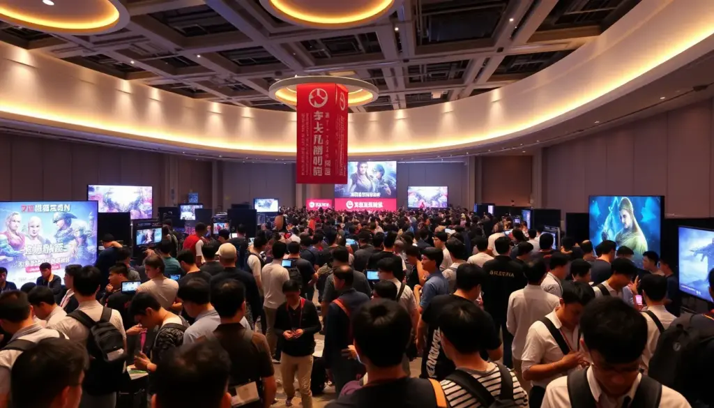 A crowded venue buzzes with excitement as players and spectators engage in various Oriental games, showcasing a vibrant mix of strategy and tradition.