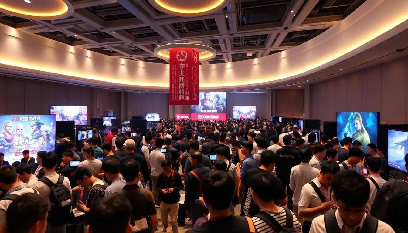 A crowded venue buzzes with excitement as players and spectators engage in various Oriental games, showcasing a vibrant mix of strategy and tradition.