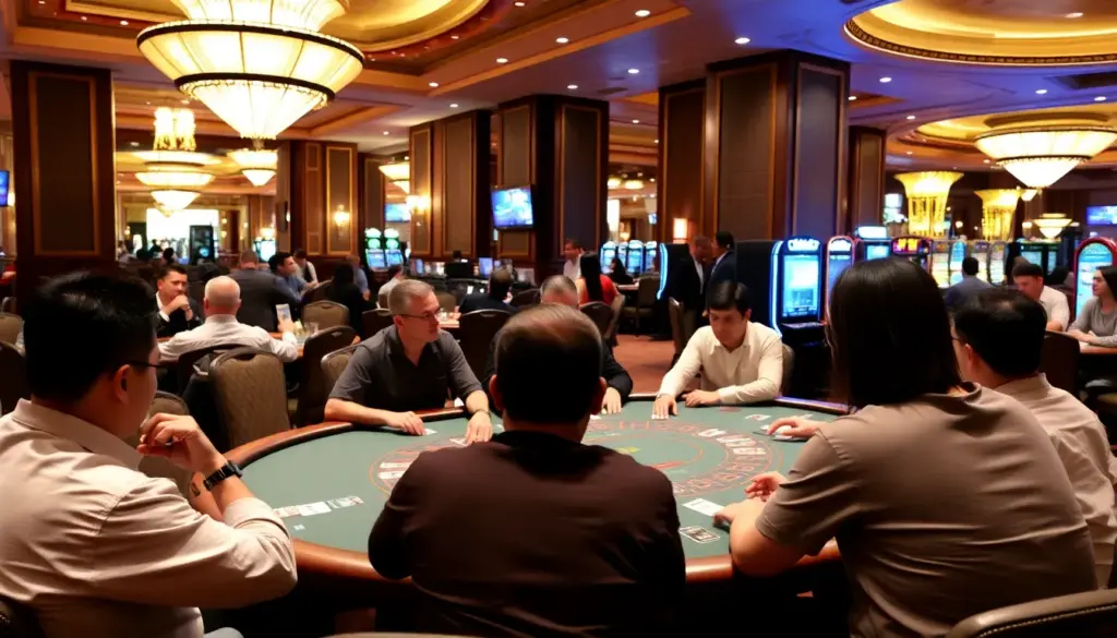 A group of players attentively studies a baccarat table in a bustling casino, with chips and cards spread out as they engage in the game.