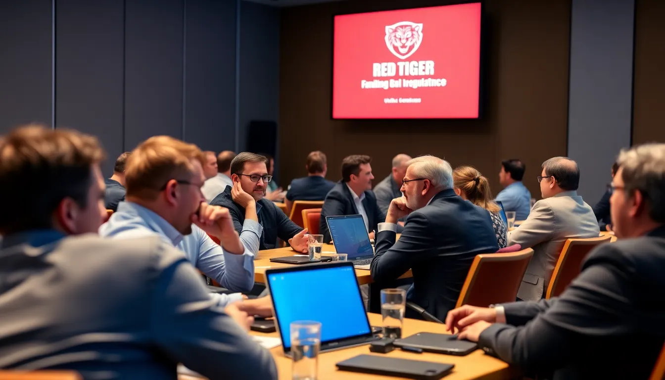 A team of gaming industry professionals collaborating to discuss regulatory changes and strategies for obtaining the Red Tiger License