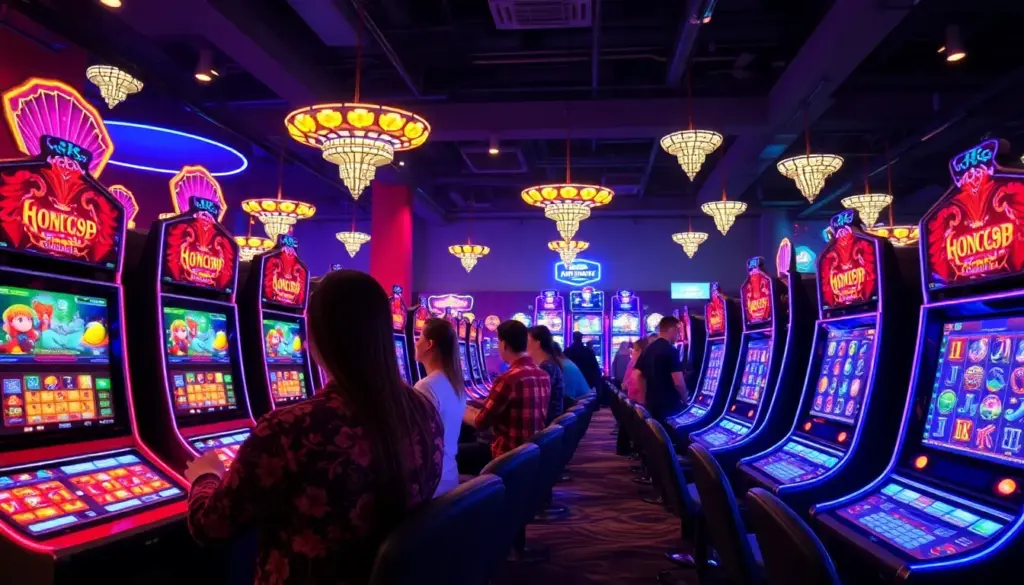 A group of casino players eagerly examines the latest slot machines developed by Red Tiger Gaming at an industry event, showcasing the excitement surrounding new gaming technology.