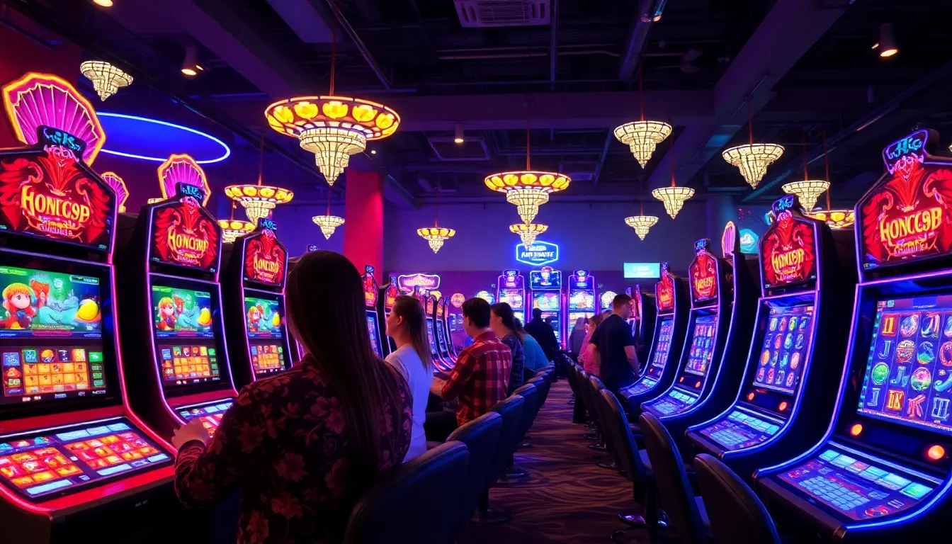 A group of casino players eagerly examines the latest slot machines developed by Red Tiger Gaming at an industry event, showcasing the excitement surrounding new gaming technology.