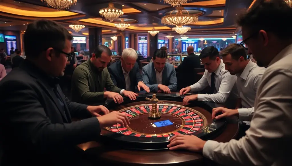 A group of enthusiastic players gathers around a roulette table in a bustling casino, intently watching the spinning wheel as chips are placed on various betting options.