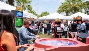スぺースマンカジノの新しいゲームや魅力的なボーナスを紹介するために、多くのプレイヤーが集まっている賑やかなオンラインイベントの様子。