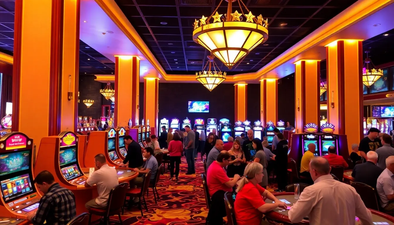 プレイヤーたちがリアルタイムでライブディーラーゲームを楽しんでいる賑やかなカジノフロアの光景