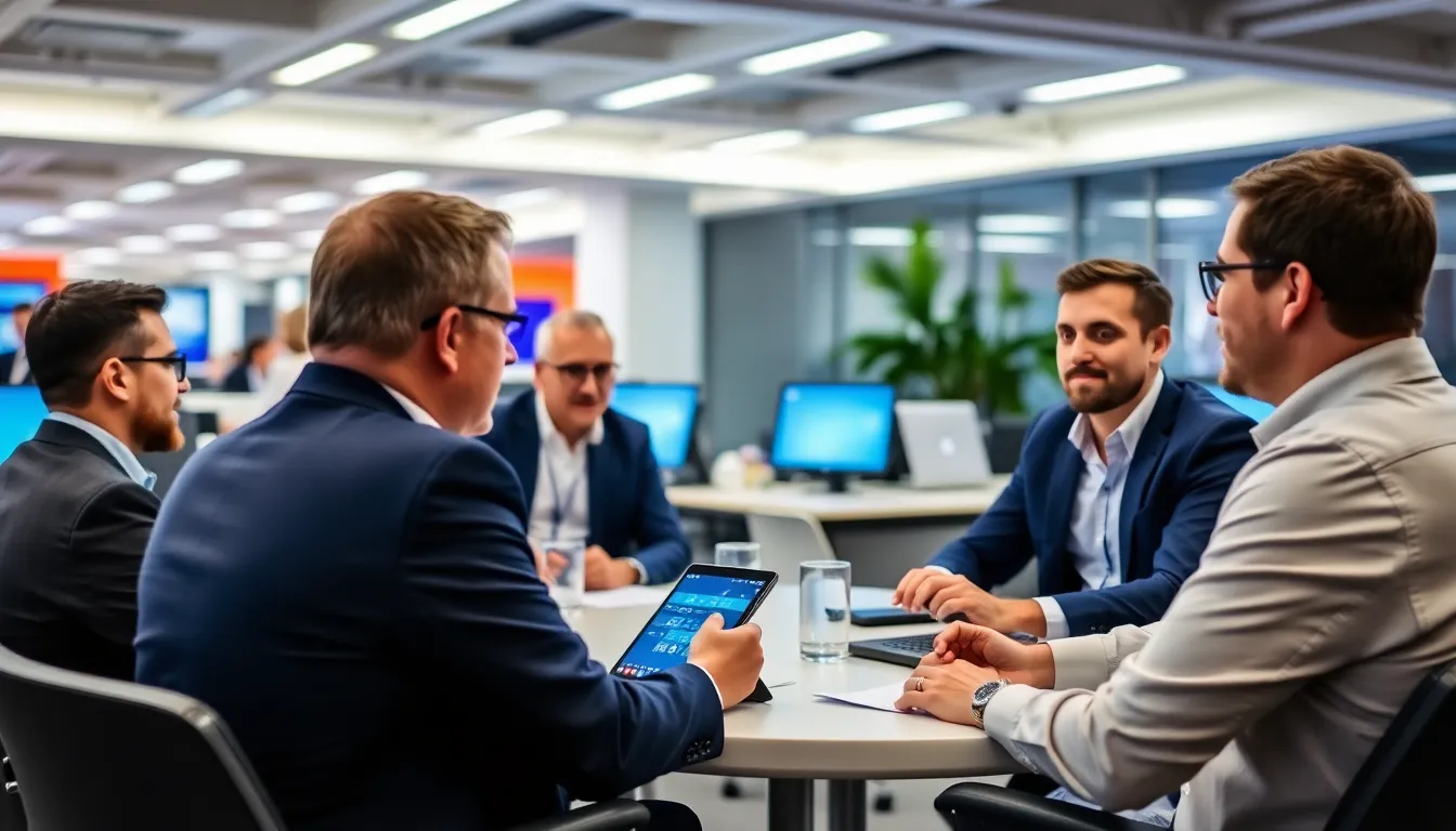 A group of people is gathered around a table discussing the implications of new online gambling regulations, with documents and laptops open in front of them.