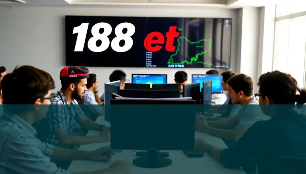 A group of sports enthusiasts gathers around a table, intently discussing their betting strategies while a laptop displays the 188Bet website.