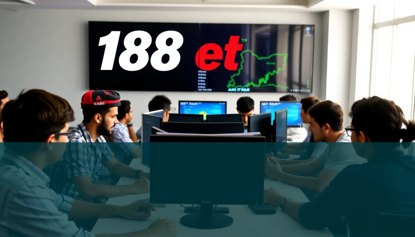 A group of sports enthusiasts gathers around a table, intently discussing their betting strategies while a laptop displays the 188Bet website.
