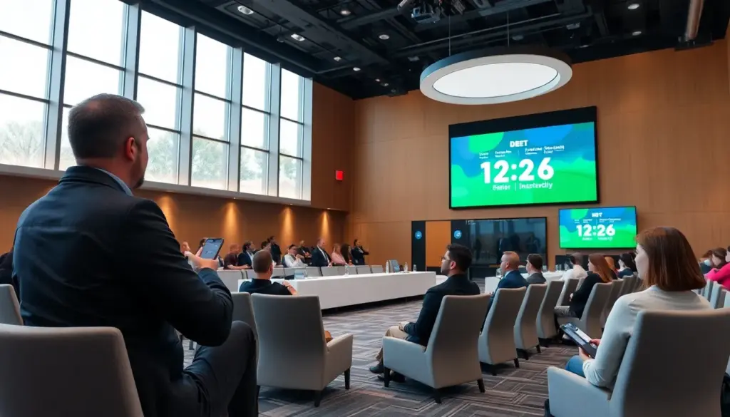 A group of people gathers around a large screen displaying live sports betting odds at a bustling online gaming conference in January 2026.