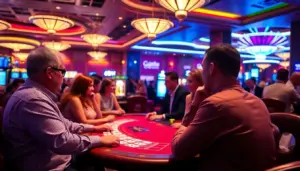 a group of players gathered around a Baccarat table in a bustling casino, eagerly placing their bets as the dealer prepares to deal the cards.