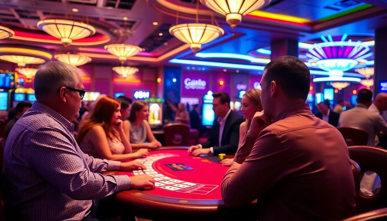 a group of players gathered around a Baccarat table in a bustling casino, eagerly placing their bets as the dealer prepares to deal the cards.
