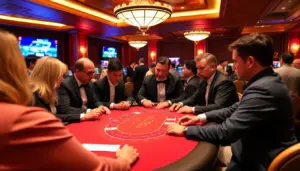 A group of casino players eagerly gathers around a baccarat table, studying their cards and placing bets as the dealer prepares to deal.