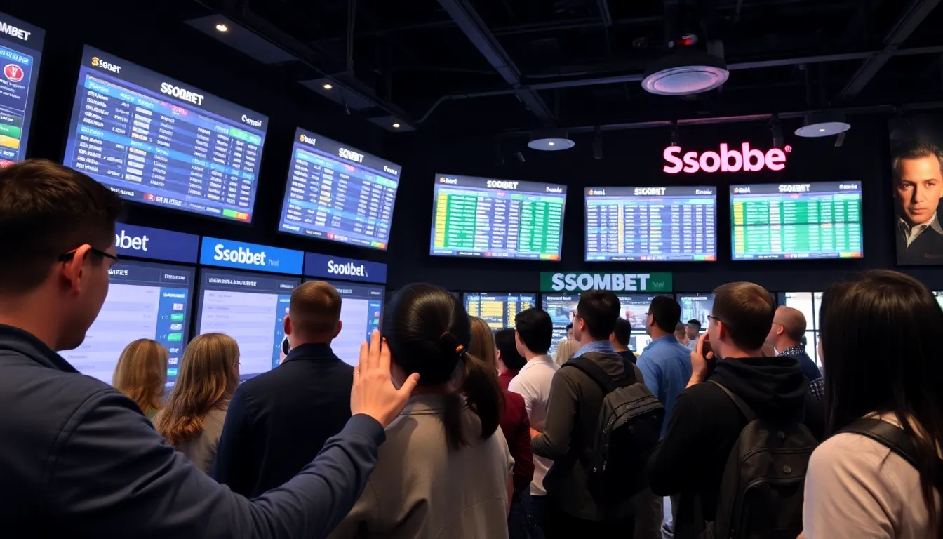 A group of enthusiastic bettors gathers around a computer, intently discussing strategies while exploring the SBOBET platform on the screen.