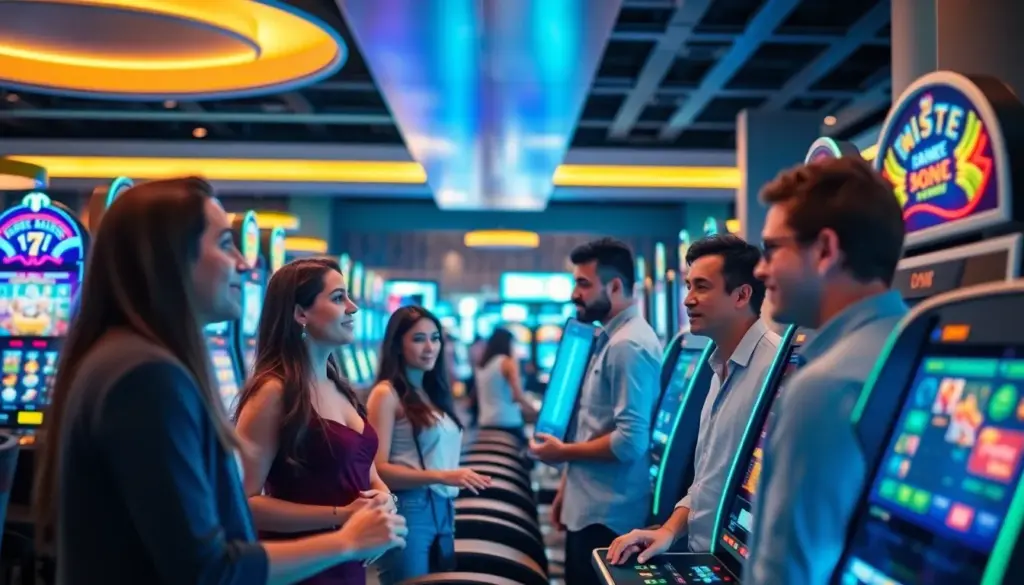 A group of casino players excitedly gathers around a new slot machine featuring vibrant graphics and interactive elements, showcasing the latest innovations in gaming technology.