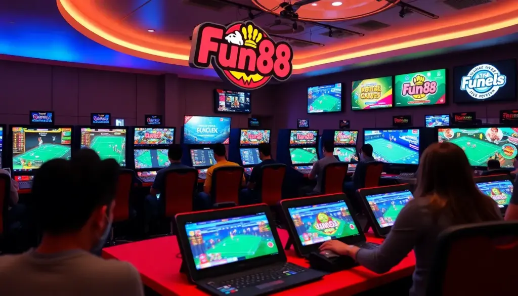 A group of people is gathered around a table, intently discussing strategies for online gambling while reviewing a laptop displaying the Fun88 website.