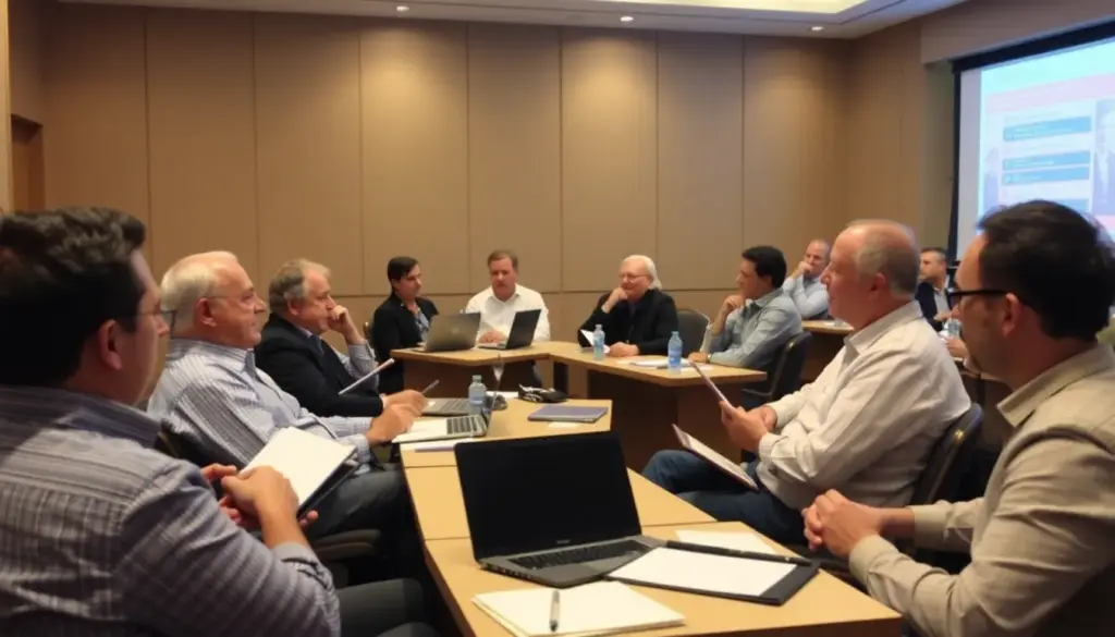 A group of hotel industry professionals gathers around a conference table, discussing the latest trends and innovations in hospitality technology for February 2026.