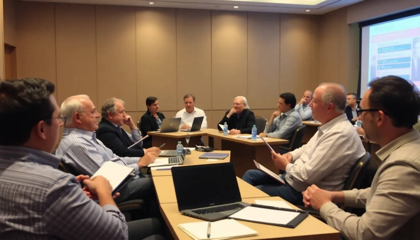 A group of hotel industry professionals gathers around a conference table, discussing the latest trends and innovations in hospitality technology for February 2026.