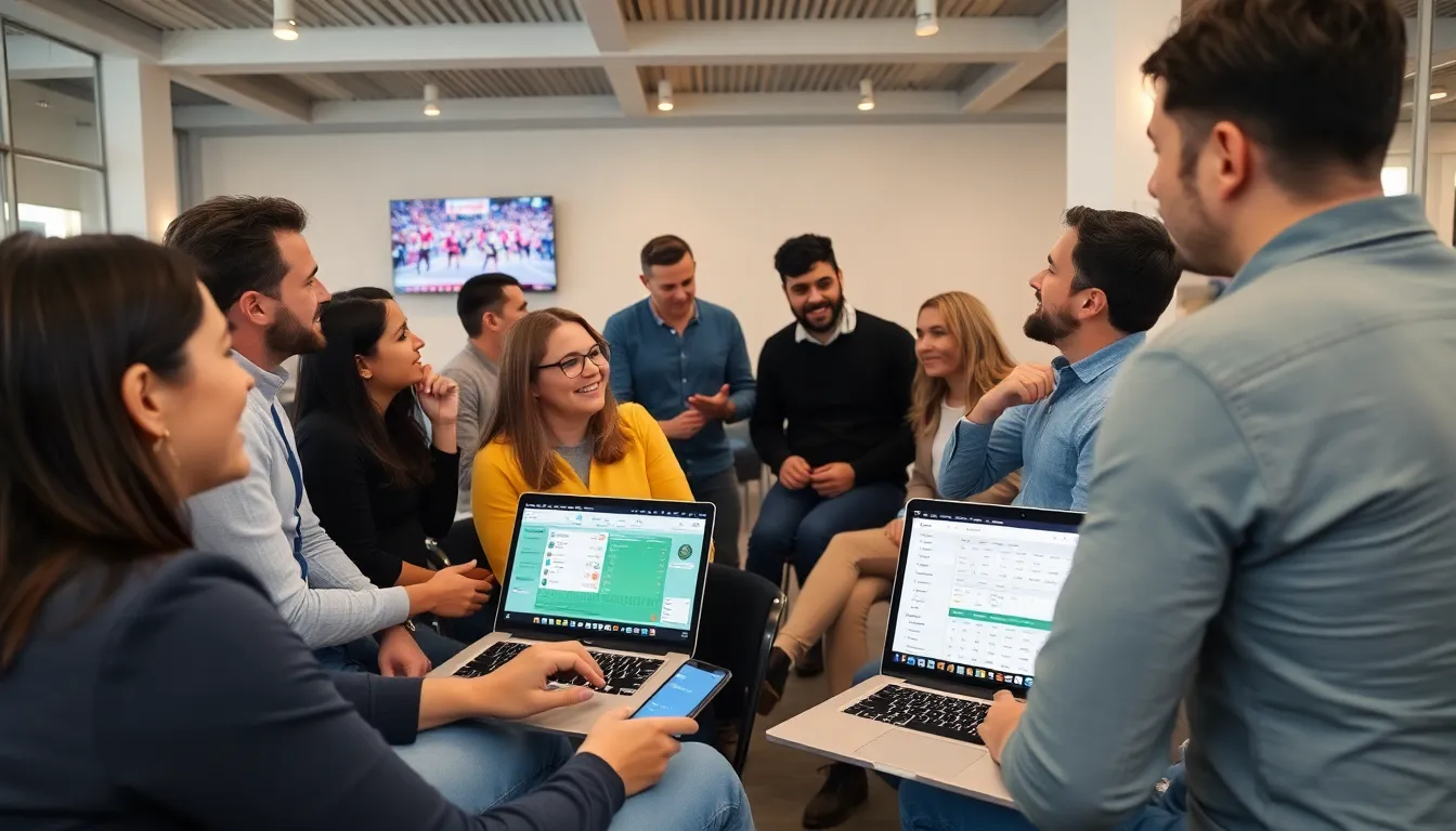 A diverse group of bettors enjoying a seamless betting experience, showcasing Marathonbet's wide range of betting options across various sports and events