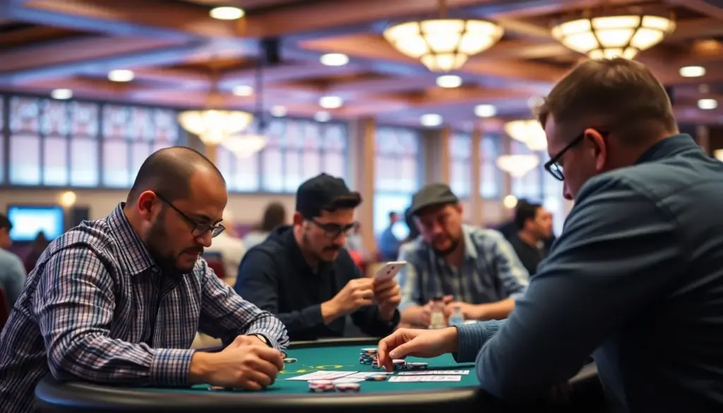 A group of diverse poker players sits around a table, intently focused on their cards and chips during a lively tournament in February 2026.