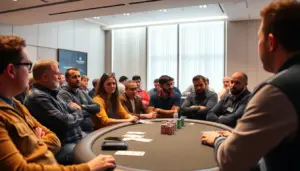 A group of poker players sits around a table, intently focused on their cards while a dealer shuffles a deck in the center during a tournament in February 2026.