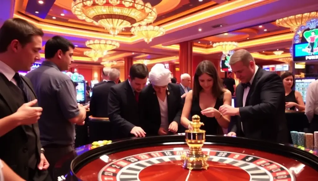 A group of casino players eagerly gathers around a roulette table, studying the spinning wheel and placing their bets as the atmosphere buzzes with anticipation.