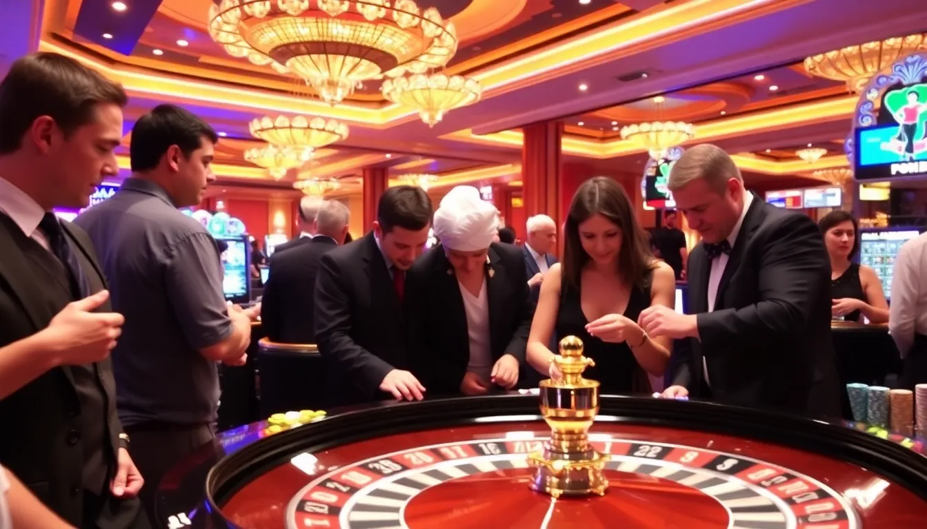 A group of casino players eagerly gathers around a roulette table, studying the spinning wheel and placing their bets as the atmosphere buzzes with anticipation.