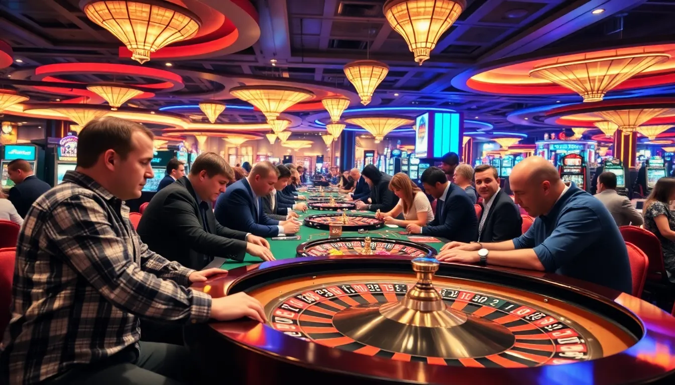 A group of enthusiastic players gathered around a roulette table, capturing the social and competitive atmosphere of the casino