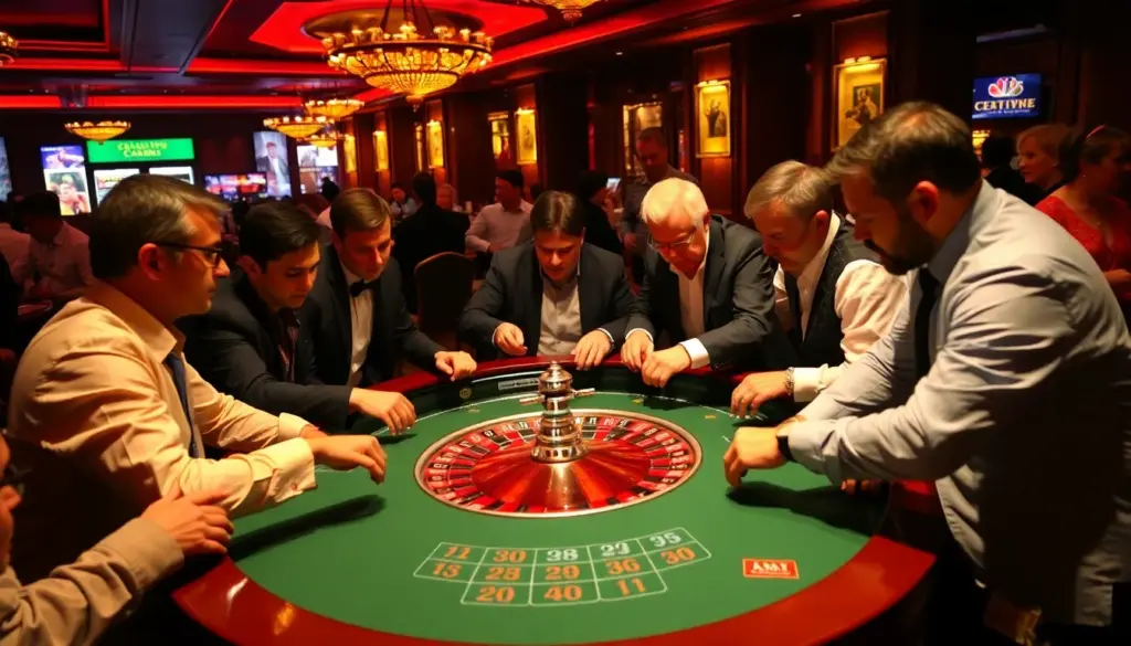 A group of players gathers around a roulette table in a bustling casino, eagerly placing their bets as a dealer prepares to spin the wheel.