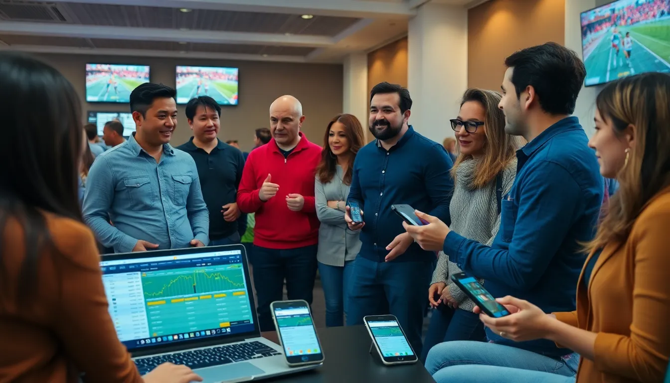 a bustling betting office, customers engage with digital screens displaying live odds and sporting events while staff assist with inquiries.
