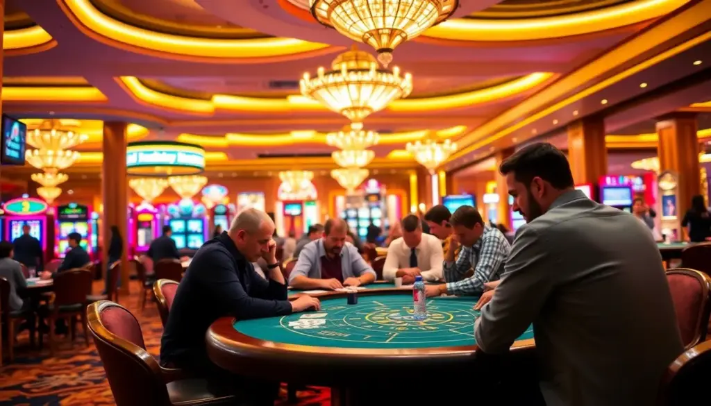 A group of players sits around a luxurious baccarat table in a bustling casino, intently focused on their cards as chips are stacked high in front of them.
