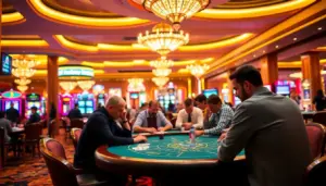A group of players sits around a luxurious baccarat table in a bustling casino, intently focused on their cards as chips are stacked high in front of them.