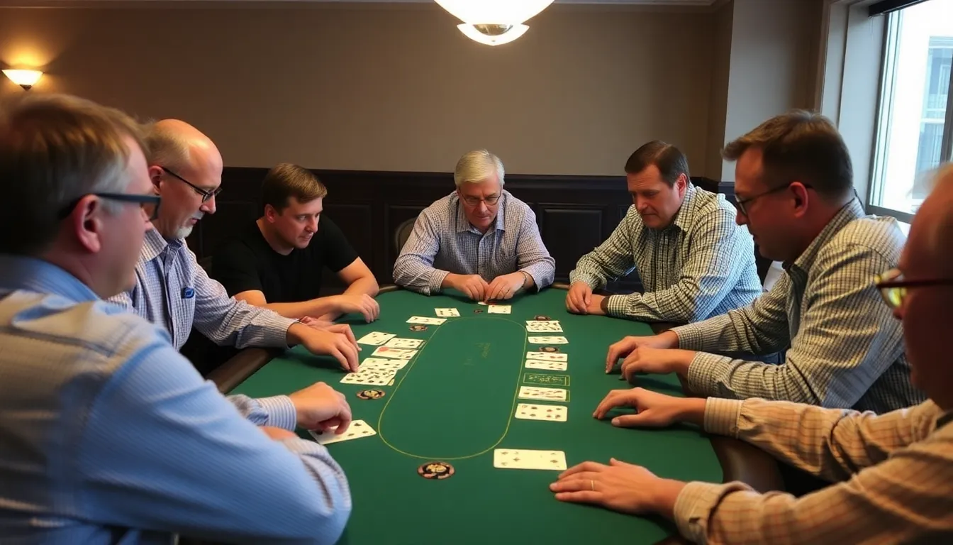 A group of players intensely focuses on their cards at a bustling casino blackjack table, with chips stacked in front of them and a dealer preparing to deal the next round.