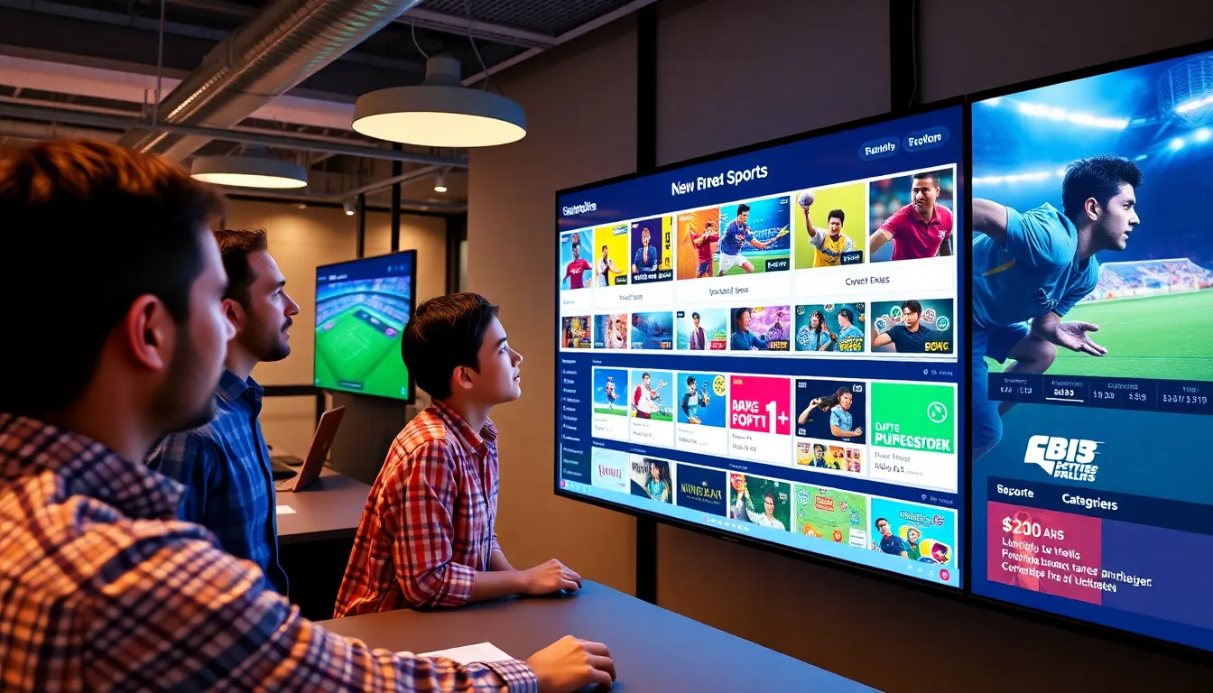 A group of enthusiastic gamblers gathers around a large screen displaying live sports betting odds at a bustling online gaming event.