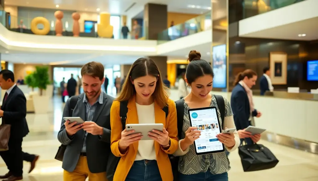 A group of young travelers checks in at the sleek, modern lobby of Hotel5slot, surrounded by digital displays and contemporary furnishings.