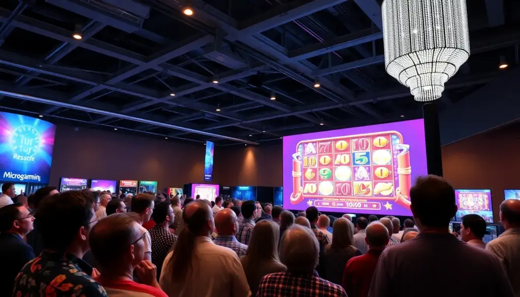 a group of industry professionals discussing the latest advancements in online gaming technology at a conference in February 2026.